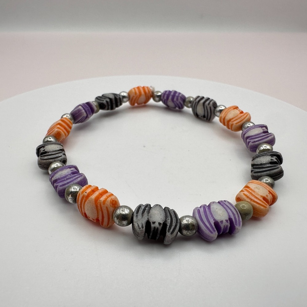 Vintage Y2K Silver Tone Halloween Bat Beaded Bracelet Women's Classic Jewelry